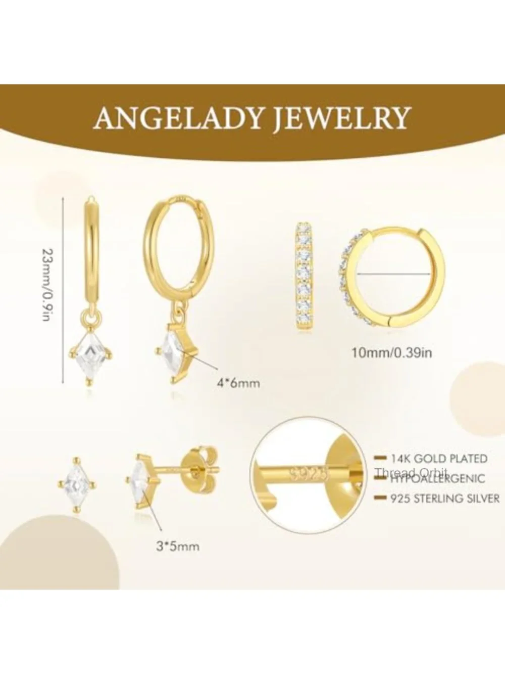3 Pairs Gold Plated Sterling Silver Huggie Hoop & CZ Stud Earring Set